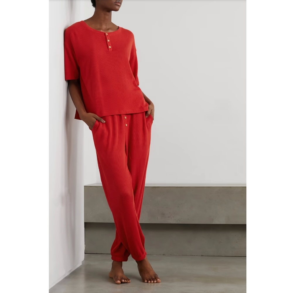 Eberjey Cozy Waffle Short Sleeve & Pant PJ Set Pyjamas Red Size Small